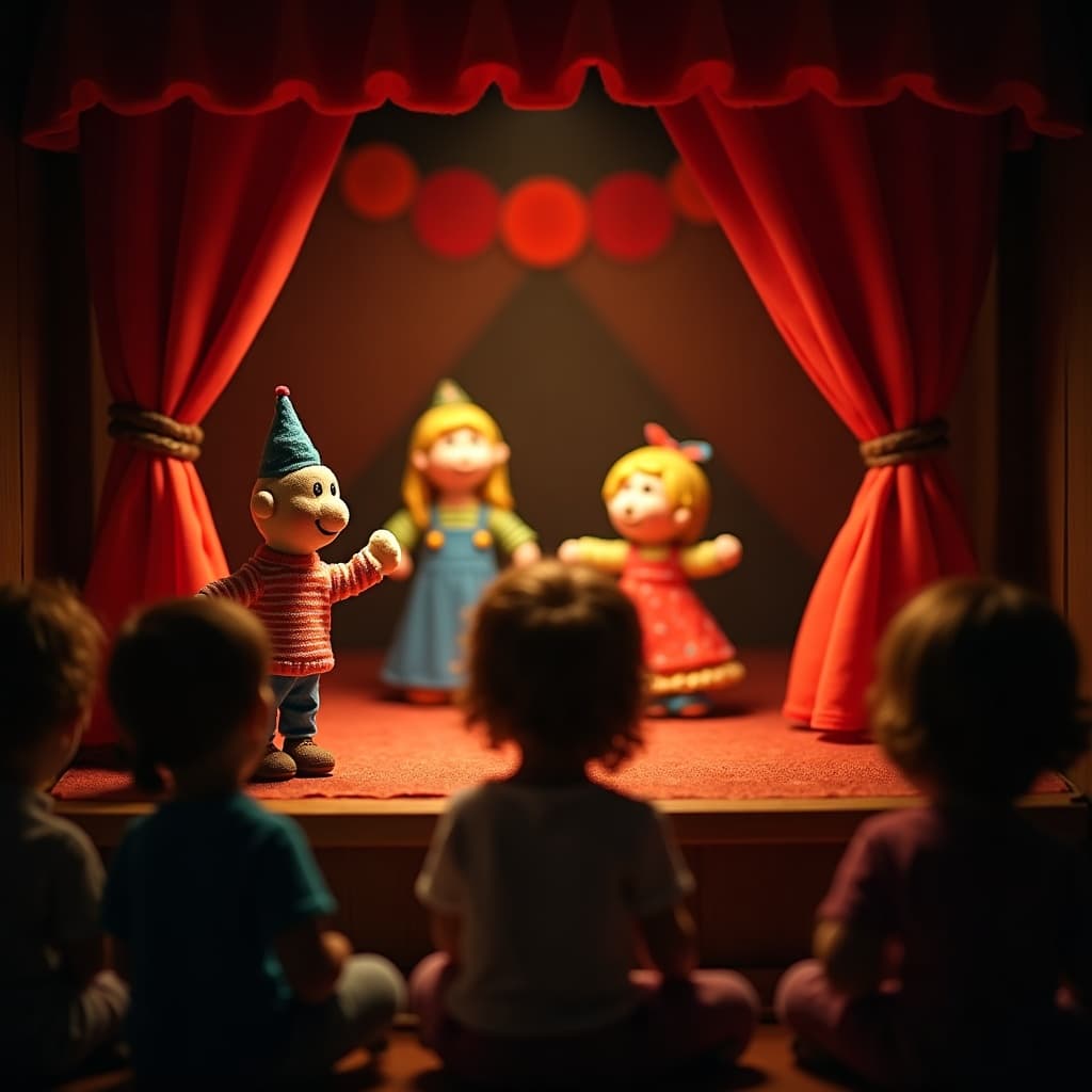 הצגת תיאטרון בובות צבעונית על במה קטנה מול קהל ילדים